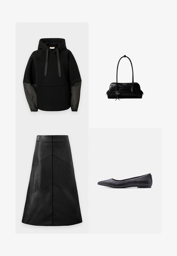 Zwarte hoodie met een voorzak, voorzien van satijnen koordjes en doorschijnende, patroonmouwen. Zachte stof met een ontspannen pasvorm.; Zwarte leren A-lijn rok met een soepele textuur, voorzien van geometrische naadpatronen en een onzichtbare rits aan de achterkant.; Zwarte platte leren schoen met puntige neus en lage hak, zijaanzicht tegen een witte achtergrond.; Zwarte schoudertas van leer met krokodillenstructuur, lange banden en een klein zilveren logohanger aan één band.