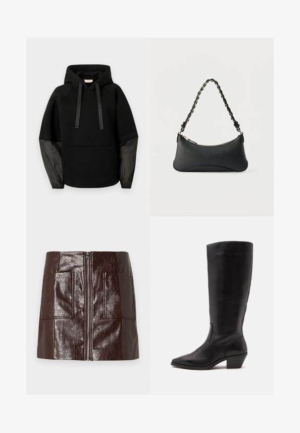 Sweat à capuche noir avec poche avant, doté de cordons en ruban satinés et de manches transparentes à motifs. Tissu doux avec une coupe décontractée.; Mini-jupe en simili cuir marron avec une fermeture éclair à l'avant, deux grandes poches avant et une texture lisse et brillante.; Botte en cuir noire mi-mollet avec un bout pointu et un talon bas incliné sur un fond clair uni.; Sac à bandoulière en cuir noir de forme rectangulaire incurvée, avec une chaîne dorée tissée dans la bandoulière noire tressée et une fermeture éclair sur le dessus.