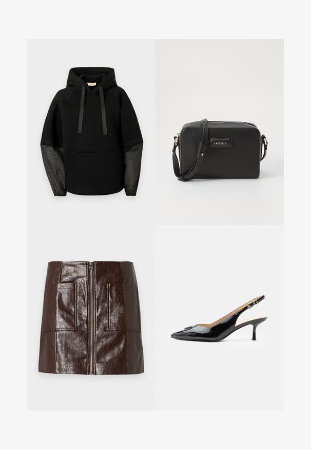 Sudadera con capucha negra con bolsillo delantero, con cordones de satén y mangas transparentes con estampado. Tejido suave y ajuste relajado.; Mini falda de piel sintética marrón con cremallera frontal, dos grandes bolsillos delanteros y una textura lisa y brillante.; Tacón slingback de charol negro con puntera puntiaguda, tacón pequeño tipo kitten y correa con hebilla plateada sobre un fondo blanco liso.; Bolso cruzado de cuero negro con cierre de cremallera, herrajes dorados y un parche con el logotipo en el frente. Cuenta con una correa ajustable para un uso versátil.