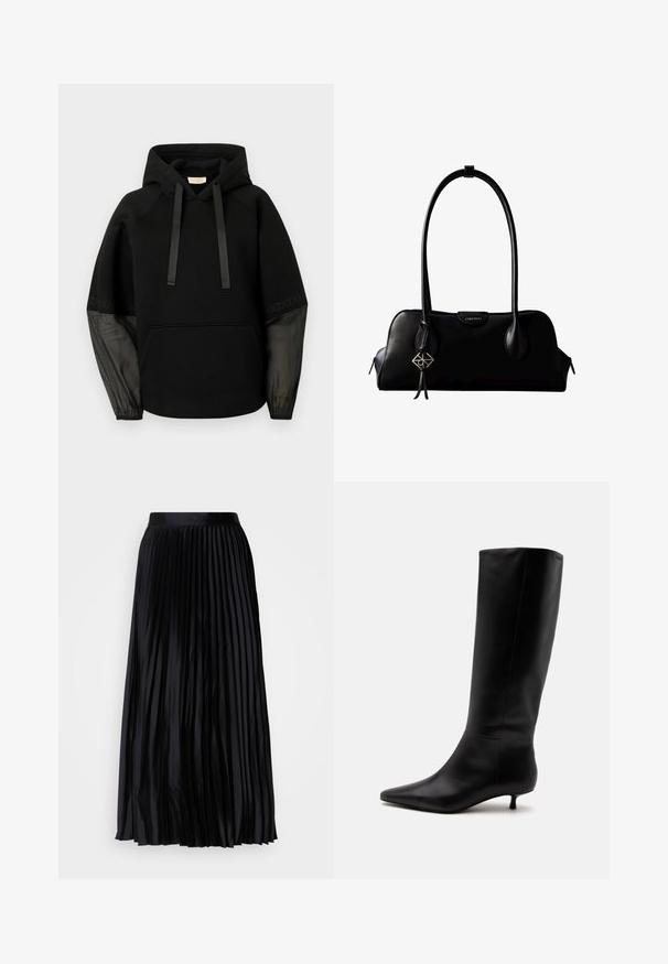 Sweat à capuche noir avec poche avant, doté de cordons en ruban satinés et de manches transparentes à motifs. Tissu doux avec une coupe décontractée.; Jupe plissée noire en tissu lisse avec une taille large, présentant des plis verticaux pour une texture et un tombé fluides, atteignant la longueur midi.; Botte noire en cuir jusqu'au genou avec bout pointu et petit talon kitten sur un fond clair uni.; Sac à main en cuir noir Calvin Klein avec de longues anses, une étiquette logo à l'avant et un charme géométrique argenté suspendu à une anse.