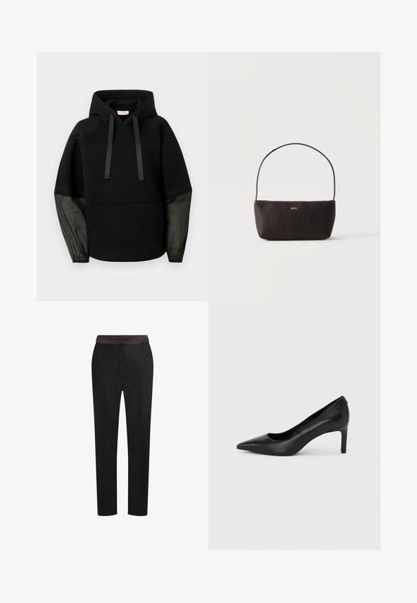 Sweat à capuche noir avec poche avant, doté de cordons en ruban satinés et de manches transparentes à motifs. Tissu doux avec une coupe décontractée.; Pantalons noirs ajustés avec une taille lisse, un design à jambes droites et un motif de texture subtil. Convient pour une tenue formelle ou décontractée.; Escarpin à bout pointu en cuir noir avec un talon fin de hauteur moyenne sur un fond gris clair uni.; Sac à main noir tissé texturé avec une seule bandoulière et un petit logo doré "BOSS" au centre devant.