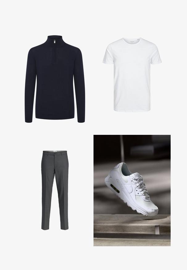 Mørkeblå zip-up trøje med høj krave og lange ærmer. Lavet af et blødt, tekstureret stof med ribbede manchetter og kant.; Rundhals kortærmet t-shirt i ensfarvet hvid, lavet af blød bomuld, har et simpelt design uden synlige mønstre eller detaljer.; Grå bukser med lige snit, lavet af en glat stof. Har en knaplukning og to forlommer.; Hvide Nike Air Max 90 sneakers med en overdel i mesh og læder, perforeret tåboks og en synlig luftenhed i hælen.