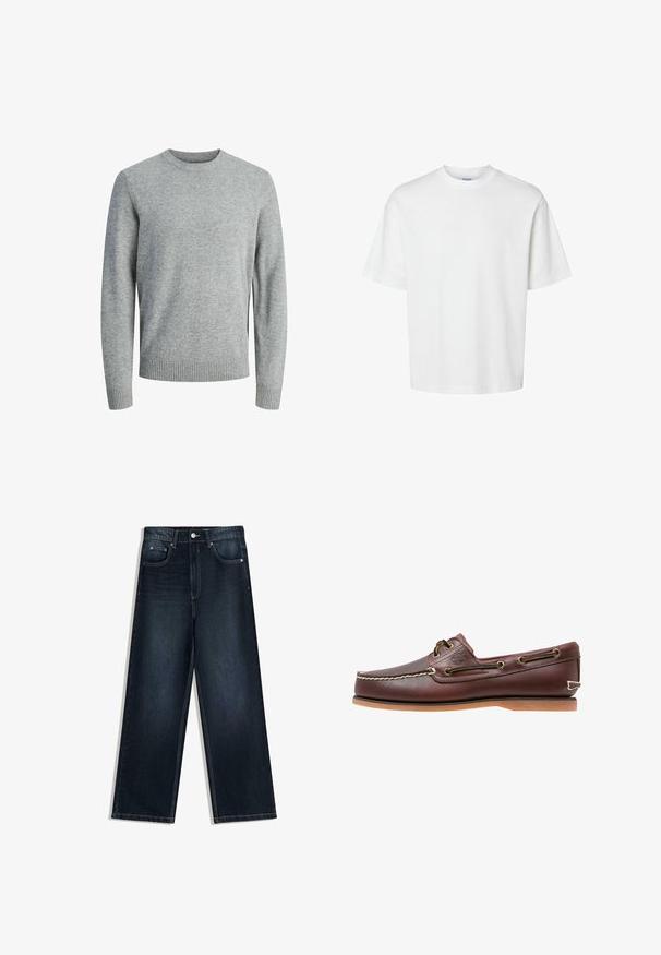 Pull en tricot gris avec un col rond, des manches longues, des poignets et un ourlet côtelés. Texture lisse avec un motif uni, adapté à un style décontracté.; T-shirt blanc uni à manches courtes, col rond et coupe décontractée, présenté sur un fond blanc.; Jean en denim foncé à jambes larges avec une texture lisse, doté d'une fermeture à boutons sur le devant, de cinq poches et de détails de couture contrastants.; Chaussure bateau en cuir marron avec coutures blanches, détails de lacets et semelle en caoutchouc beige, vue de côté sur fond blanc.
