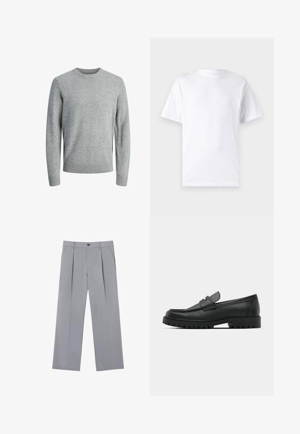 Pull en tricot gris avec un col rond, des manches longues, des poignets et un ourlet côtelés. Texture lisse avec un motif uni, adapté à un style décontracté.; T-shirt blanc à manches courtes en coton avec un col rond, présentant une texture lisse et un design simple, sans motifs ni accents.; Pantalons plissés gris à coupe décontractée, en tissu léger. Comprend des poches avant et une fermeture à bouton à la taille.; Mocassins en cuir noir à bout arrondi, avec un design cousu, une semelle plateforme basse et une semelle en caoutchouc texturée et crantée.