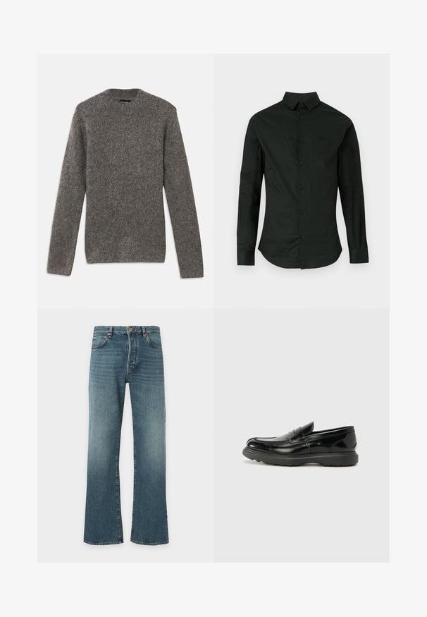 Grijze gebreide trui met een ronde halslijn, lange mouwen en een gestructureerde afwerking. Heeft een klassieke, ontspannen pasvorm.; Zwarte blouse met lange mouwen, gemaakt van een gladde stof, met een knoopsluiting aan de voorkant, een klassieke kraag en een afgeronde zoom zonder zichtbare patronen of accenten.; Blauwe denim jeans met een lichte uitlopende pijp, klassiek ontwerp met vijf zakken, knoop- en ritssluiting, en subtiel vervaagd op de dijen.; Zwarte leren instapper met een glanzende afwerking, een ronde neus, subtiele stiksels en een dikke rubberen zool voor duurzaamheid.