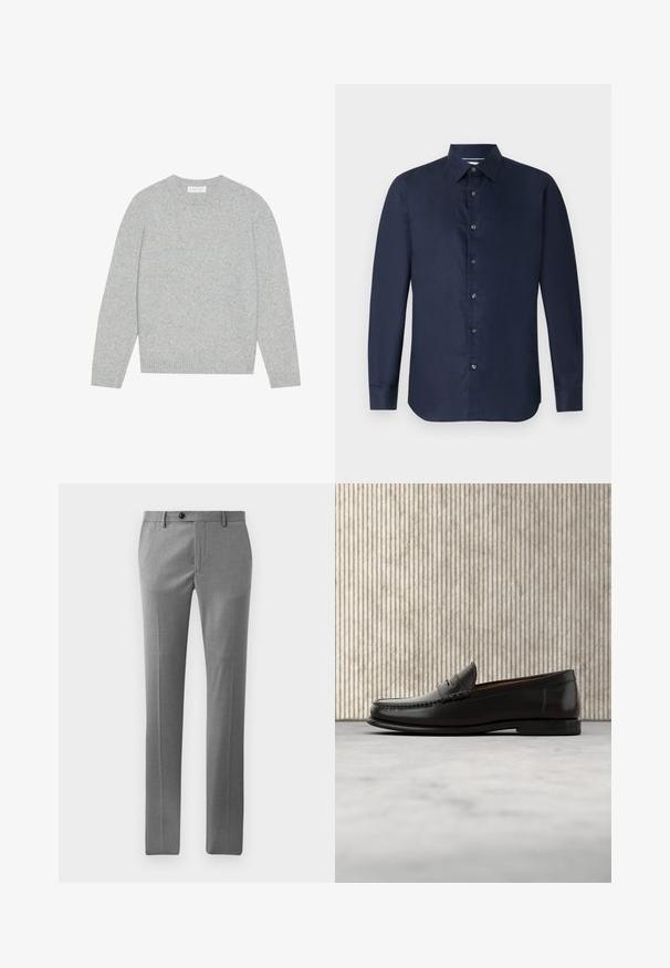 Pull en laine gris clair avec un col rond, des manches longues et des poignets et ourlet côtelés. Texture douce avec un design solide et minimal.; Chemise à manches longues bleu marine avec col boutonné, texture lisse et patte de boutonnage à l'avant ; présente une coupe ajustée et un ourlet arrondi.; Pantalons ajustés gris clair en tissu lisse, présentant une coupe droite, un pli avant et une fermeture à un bouton à la taille.; Mocassin penny en cuir noir avec talon bas, bout arrondi et détails cousus à l'avant et sur les côtés, présenté sur un fond neutre.