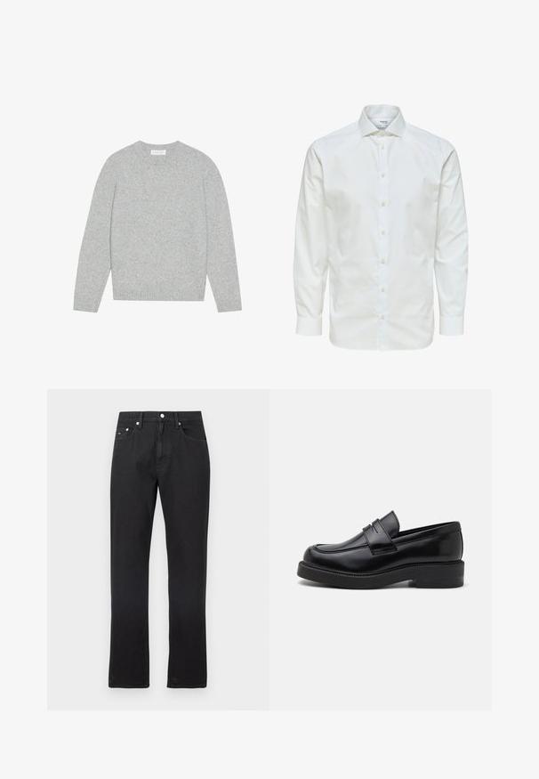 Pull en laine gris clair avec un col rond, des manches longues et des poignets et ourlet côtelés. Texture douce avec un design solide et minimal.; Chemise blanche à manches longues avec fermeture par boutons sur le devant et col pointu, présentée sur fond blanc.; Jean en denim noir à coupe droite, avec cinq poches, passants pour ceinture et fermeture à boutons sur le devant. Texture lisse, décoloration minimale.; Mocassin en cuir noir avec un bout arrondi, des coutures décoratives à l'avant et une semelle en caoutchouc épaisse. Texture lisse avec une finition brillante.