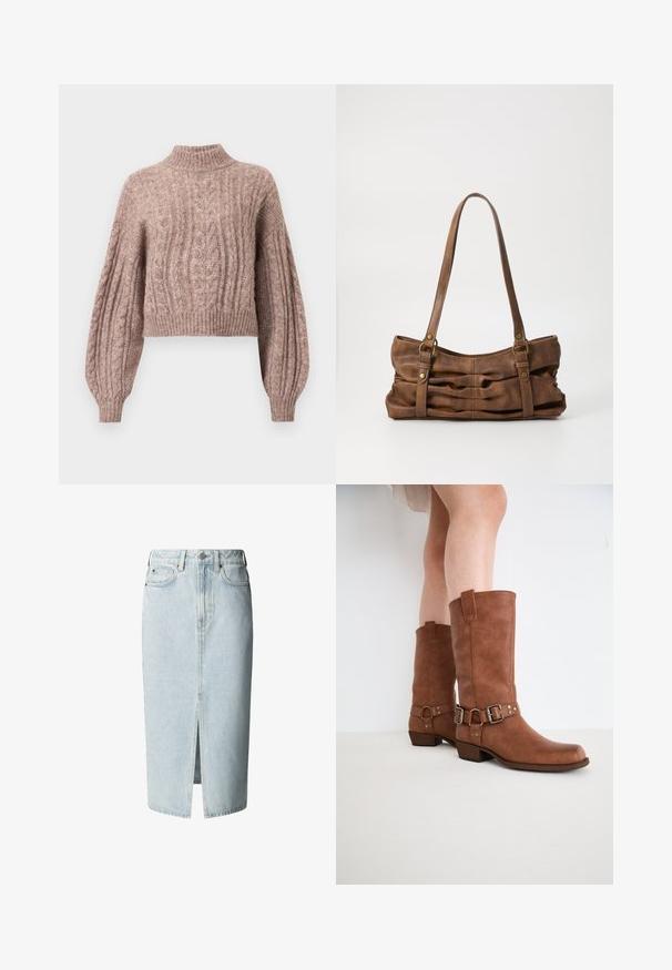 Cable-strikket kort sweater i blød lyserød nuance med høj hals og voluminøse ærmer med ribbede manchetter og kant.; Lyseblå denim midi nederdel med frontslids, bæltestropper, knap- og lynlåsfastgørelse samt for- og baglommer.; Brune læderankelstøvler med en let spids tå, dekorative spænder og en lav stablet hæl. Glat tekstur med en mat finish.; Even&Odd Håndtasker - brown