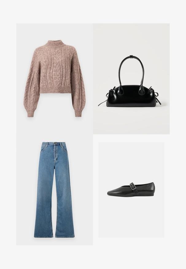 Cable-strikket kort sweater i blød lyserød nuance med høj hals og voluminøse ærmer med ribbede manchetter og kant.; Lyseblå vid bukser med høj talje, der har forlommer og lynlås, vist mod en hvid baggrund.; Sorte læder flade sko med spidse tæer, prydet med en metallisk spænde over vristen og en lav, fleksibel sål.; Lille sort blank håndtaske med to lange håndtag og snøre-detaljer i siden på en ensfarvet lys baggrund.