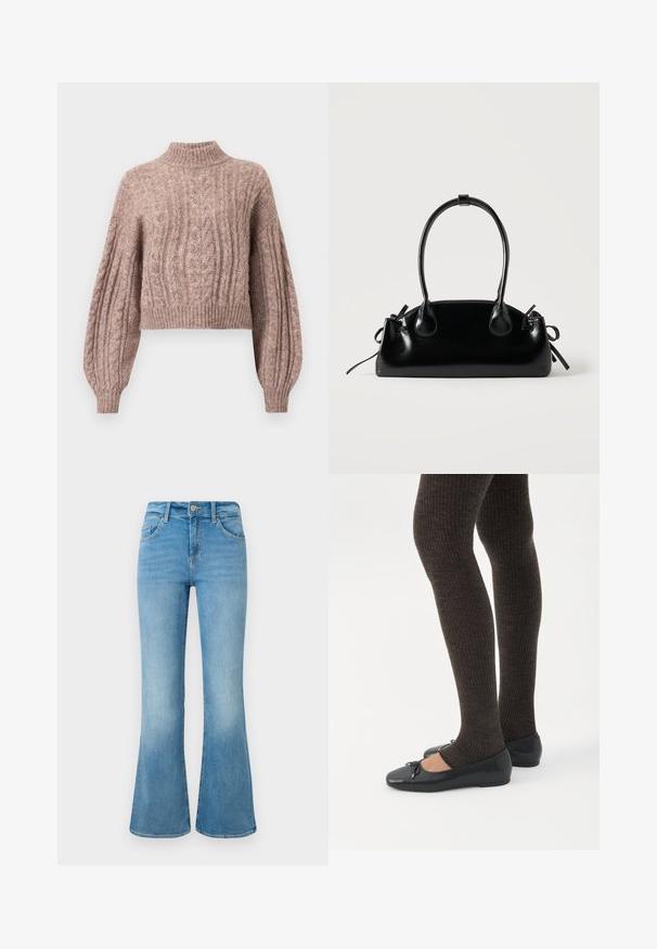 Pull en maille cable de couleur rose doux, doté d'un col montant et de manches volumineuses avec des poignets et un ourlet côtelés.; Jean flare en denim bleu clair avec poches avant, passants de ceinture et fermeture à bouton sur un fond blanc.; Jambes portant des leggings côtelés foncés associés à des ballerines noires avec de petits détails en nœud sur fond blanc.; Petit sac à main noir brillant avec deux longues anses et des détails à cordon sur les côtés sur un fond clair uni.