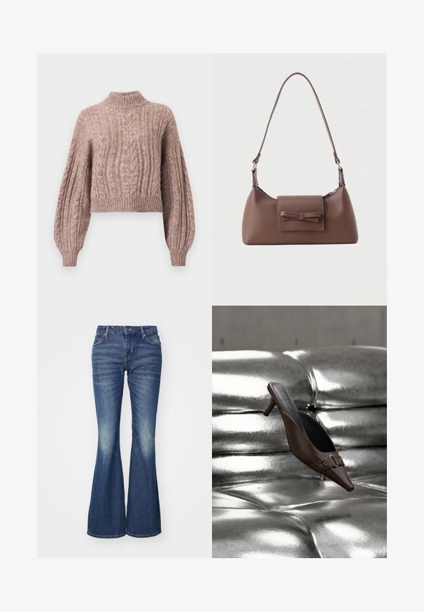 Cable-strikket kort sweater i blød lyserød nuance med høj hals og voluminøse ærmer med ribbede manchetter og kant.; Udsatte blå jeans lavet af denim med en lys vaskeeffekt, der har klassiske lommer og en enkelt knaplukning.; Brun spids tå hæl mule med spænde detalje svævende over en skinnende sølv tuftet læderoverflade.; Brun skuldertaske i læder med en frontlomme med klap, der har en sydd sløjfedetalje, og en justerbar rem.