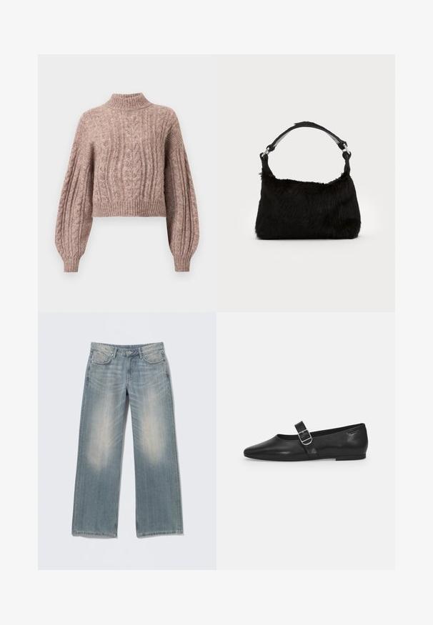 Pull en maille cable de couleur rose doux, doté d'un col montant et de manches volumineuses avec des poignets et un ourlet côtelés.; Jean bleu clair à jambes larges avec une finition délavée, en denim. Comprend des passants pour ceinture, des poches avant et une braguette zippée avec fermeture par bouton.; Chaussure plate en cuir noir avec un bout arrondi, une seule sangle réglable à boucle et une texture lisse et brillante. Design minimaliste avec un petit talon.; Sac à main en fausse fourrure noire avec une texture douce, une forme arrondie et une bandoulière en cuir noir robuste. Accent en métal argenté visible.