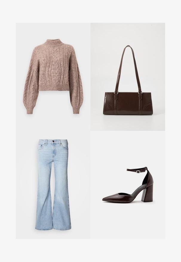 Cable-strikket kort sweater i blød lyserød nuance med høj hals og voluminøse ærmer med ribbede manchetter og kant.; Lyseblå vidde jeans med højtaljet design, lavet af denimstof, fem lommer og knaplukning. Benene er vide og har en let falmet finish.; Mørkebrunt læder pumps med spids tå, høj hæl, ankelrem og sølvspænde på hvid baggrund.; Brun lakeret håndtaske med rektangulær form, to lange håndtag og subtile buede detaljer på fronten.