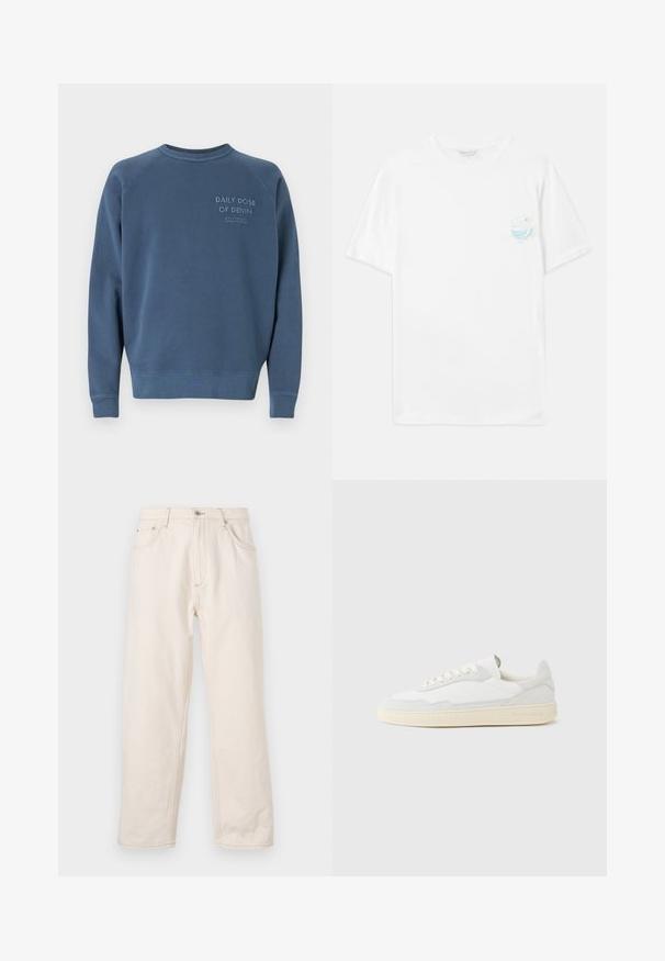 Blauwe crewneck sweatshirts gemaakt van een katoenmix. Heeft ribgebreide manchetten en een zoom, met geborduurde tekst op de borst. Eenvoudig ontwerp.; Witte katoenen t-shirt met korte mouwen, voorzien van een kleine meerkleurige grafische print op de linker borst met golven en de tekst "Out of Plastic."; Beige rechte jeans gemaakt van denim, met een knoopsluiting, vijf zakken en zichtbare stikseldetails. Gladde textuur.; Witte sneaker met een bovenwerk van gestructureerd suède en leer. Voorzien van een afgeronde neus, vetersluiting en een contrasterende beige rubberen zool.