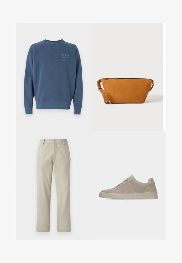 Blå crewneck sweatshirt lavet af en bomuldsblandingsstof. Har ribstrikkede manchetter og kant, med broderet tekst på brystet. Simpelt design.; Beige bomuldsbukser med lige pasform, der har lukning med knap og to forlommer. Glat tekstur og rent design med minimal detaljer.; Beige ruskindssneakers med en tekstureret finish, rund tå og tonale snørebånd. Har en tyk gummisål og diskret branding på hælen.; Lys brun læder crossbody taske med justerbar rem og lynlås, vist mod en ensartet lys baggrund.