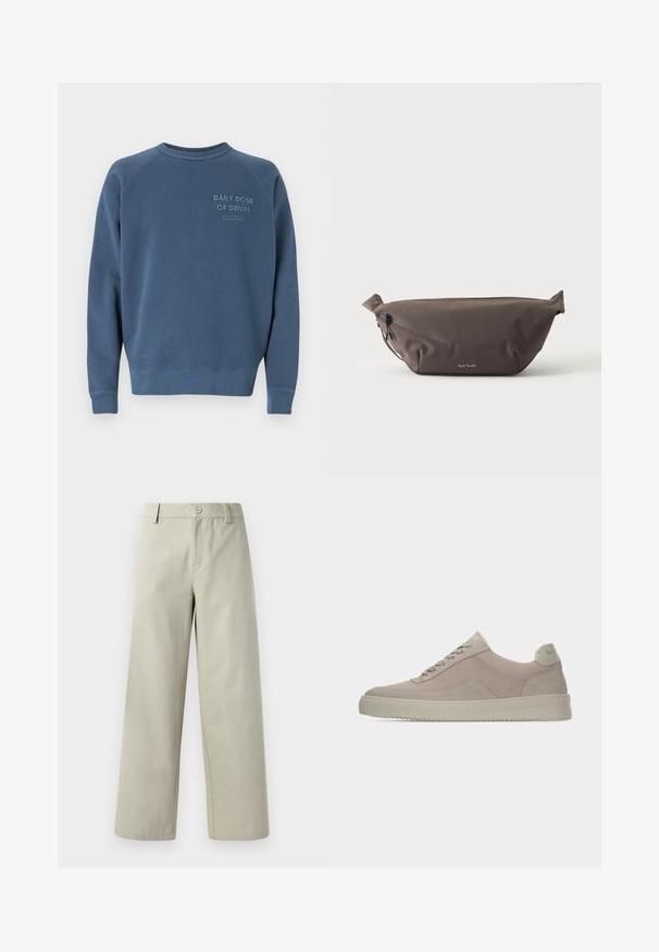Blaues Rundhals-Sweatshirt aus Baumwollmischgewebe. Mit gerippten Ärmelbündchen und Saum, sowie gesticktem Text auf der Brust. Einfaches Design.; Han Kjøbenhavn WIDE LEG - Stoffhose - light grey; Beige Wildledersneaker mit strukturierter Oberfläche, abgerundeter Zehenpartie und tonalen Schnürsenkeln. Verfügt über eine dicke Gummisohle und dezente Markenkennzeichnung an der Ferse.; Dunkelbraune Stoff-Gürteltasche mit diagonalem Reißverschlussfach und kleinem weißen Logo vorne, vor einem einfarbigen hellen Hintergrund.