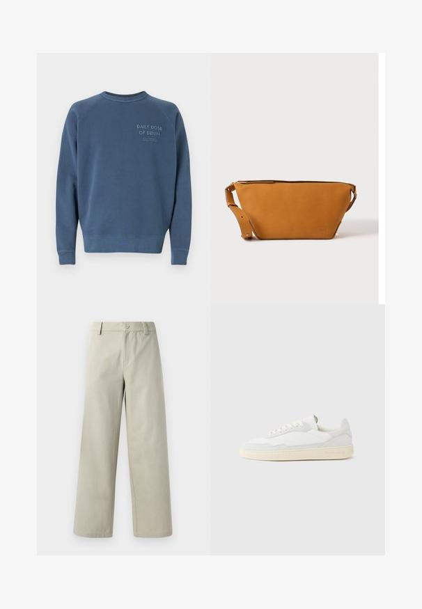 Blauwe crewneck sweatshirts gemaakt van een katoenmix. Heeft ribgebreide manchetten en een zoom, met geborduurde tekst op de borst. Eenvoudig ontwerp.; Han Kjøbenhavn WIDE LEG - Broek - light grey; Witte sneaker met een bovenwerk van gestructureerd suède en leer. Voorzien van een afgeronde neus, vetersluiting en een contrasterende beige rubberen zool.; Lichtbruine leren crossbodytas met verstelbare band en ritssluiting, getoond tegen een effen lichte achtergrond.