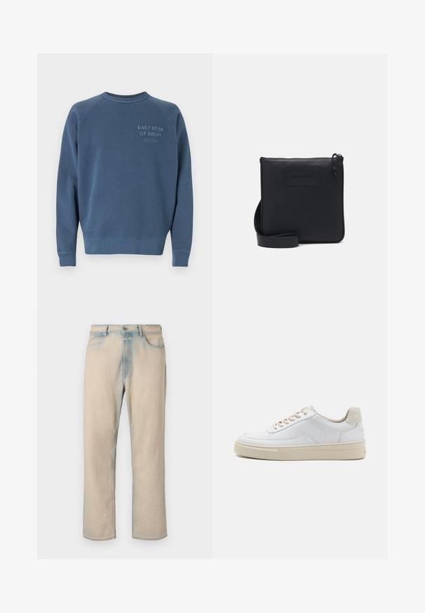 Blauwe crewneck sweatshirts gemaakt van een katoenmix. Heeft ribgebreide manchetten en een zoom, met geborduurde tekst op de borst. Eenvoudig ontwerp.; Licht beige denim jeans met een rechte pijpdesign, vervaagde blauwe accenten, vijf zakken en een knoopsluiting in de taille.; Witte sneaker met een gevoerd leren bovenwerk, beige veters en een gestructureerde beige suede hieltab. Verhoogde zool voor extra hoogte.; Zwarte leren schoudertas met een gestructureerde afwerking, rechthoekige vorm, ritssluiting en verstelbare schouderband. Kenmerkt zich door een subtiele merklogo aan de voorkant.