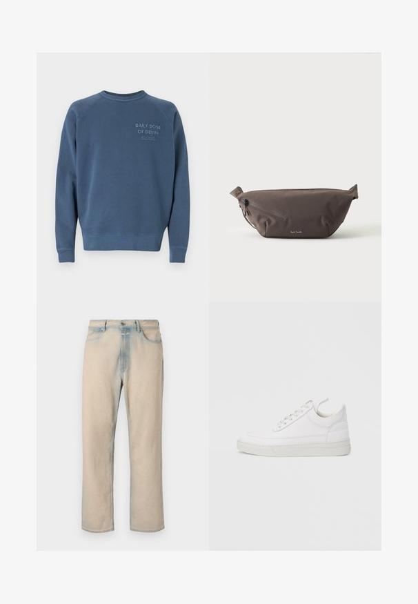 Blaues Rundhals-Sweatshirt aus Baumwollmischgewebe. Mit gerippten Ärmelbündchen und Saum, sowie gesticktem Text auf der Brust. Einfaches Design.; Helle beige Jeans aus Denim mit geradem Bein, verblassten blauen Akzenten, fünf Taschen und einem Knopfverschluss an der Taille.; Weißer Ledersneaker mit abgerundetem Zehenbereich, flacher Sohle und Schnürverschluss. Verfügt über Nahtdetails und einen gepolsterten Kragen für zusätzlichen Komfort.; Dunkelbraune Stoff-Gürteltasche mit diagonalem Reißverschlussfach und kleinem weißen Logo vorne, vor einem einfarbigen hellen Hintergrund.