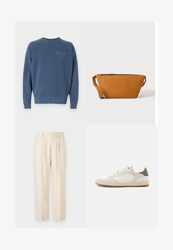 Blå crewneck sweatshirt lavet af en bomuldsblandingsstof. Har ribstrikkede manchetter og kant, med broderet tekst på brystet. Simpelt design.; NN.07 KAY - Bukser - off white; Hvid lavtop sneakers med beige sål, snørelukning foran, grøn og blå detalje på hælen og subtilt guld "Paul Smith" logo på siden.; Lys brun læder crossbody taske med justerbar rem og lynlås, vist mod en ensartet lys baggrund.