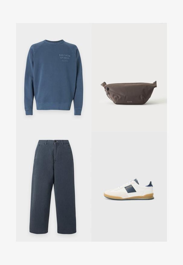 Blaues Rundhals-Sweatshirt aus Baumwollmischgewebe. Mit gerippten Ärmelbündchen und Saum, sowie gesticktem Text auf der Brust. Einfaches Design.; Navyblaue, weit geschnittene Baumwollhose mit strukturierter Oberfläche. Verfügt über Gürtelschlaufen und Seitentaschen. Gerade geschnitten mit gesäumten Kanten.; Weiße Sneakers mit marineblauen Akzenten, aus Wildleder und Leder, runde Spitze und Gummisohle. Mit Logo an der Seite und Rückseite.; Dunkelbraune Stoff-Gürteltasche mit diagonalem Reißverschlussfach und kleinem weißen Logo vorne, vor einem einfarbigen hellen Hintergrund.