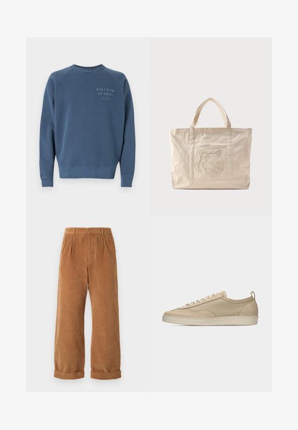 Blauwe crewneck sweatshirts gemaakt van een katoenmix. Heeft ribgebreide manchetten en een zoom, met geborduurde tekst op de borst. Eenvoudig ontwerp.; Bruine corduroy broek met een wijd model, voorzien van voorplooien en opgerolde zomen. De stof heeft een gestructureerd, geribbeld uiterlijk.; Beige lage sneaker met bovenwerk van stof en suède, witte veters, rubberen zool en een lus aan de hiel, afgebeeld in zijaanzicht op een witte achtergrond.; Beige canvas tas met dubbele handvatten en een reliëf ontwerp van een wolfskop op het voorvak.