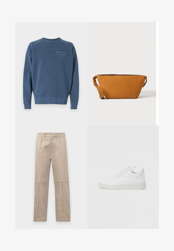Blauwe crewneck sweatshirts gemaakt van een katoenmix. Heeft ribgebreide manchetten en een zoom, met geborduurde tekst op de borst. Eenvoudig ontwerp.; Beige broek met een rechte snit, voorzien van rose-gouden pailletten aan de zijkanten en subtiele gestikte details op de benen.; Witte leren sneaker met een afgeronde neus, platte zool en veters aan de voorkant. Voorzien van stikseldetails en een gevoerde kraag voor comfort.; Lichtbruine leren crossbodytas met verstelbare band en ritssluiting, getoond tegen een effen lichte achtergrond.