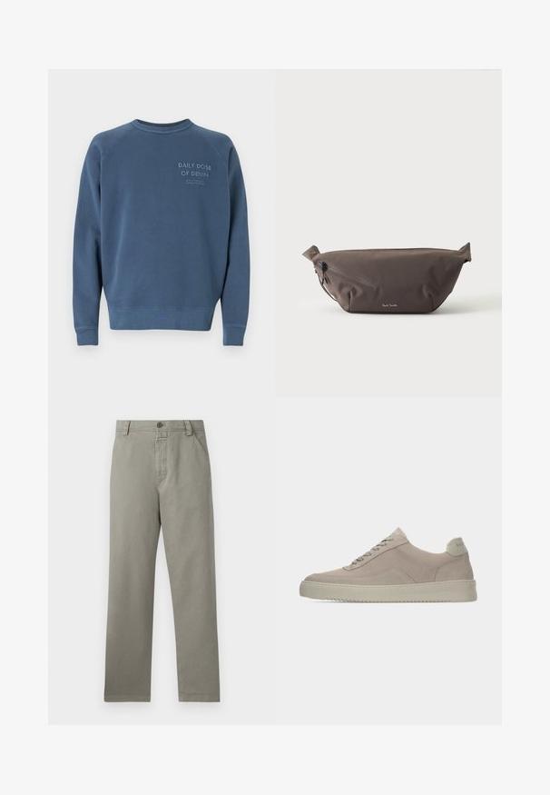 Blaues Rundhals-Sweatshirt aus Baumwollmischgewebe. Mit gerippten Ärmelbündchen und Saum, sowie gesticktem Text auf der Brust. Einfaches Design.; Hellegraue Baumwollhose mit geradem Bein, Gürtelschlaufen und einer einzelnen Knopfverschluss am Bund.; Beige Wildledersneaker mit strukturierter Oberfläche, abgerundeter Zehenpartie und tonalen Schnürsenkeln. Verfügt über eine dicke Gummisohle und dezente Markenkennzeichnung an der Ferse.; Dunkelbraune Stoff-Gürteltasche mit diagonalem Reißverschlussfach und kleinem weißen Logo vorne, vor einem einfarbigen hellen Hintergrund.