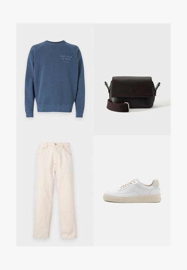 Blaues Rundhals-Sweatshirt aus Baumwollmischgewebe. Mit gerippten Ärmelbündchen und Saum, sowie gesticktem Text auf der Brust. Einfaches Design.; Beige gleich geschnittene Jeans aus Denim, mit Knopfverschluss, fünf Taschen und sichtbaren Nähten. Glatte Textur.; Weiße Sneaker mit einem glatten Lederobermaterial, beigen Schnürsenkeln und einer strukturierten, beigen Wildleder-Fersenschlaufe. Erhöhte Sohle für zusätzlichen Komfort.; Dunkelbraune Leder-Umhängetasche mit Klappenverschluss und verstellbarem Stoffriemen auf weißem Hintergrund.