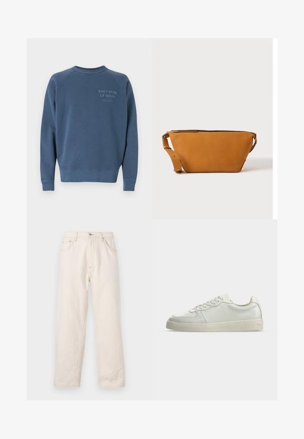 Blaues Rundhals-Sweatshirt aus Baumwollmischgewebe. Mit gerippten Ärmelbündchen und Saum, sowie gesticktem Text auf der Brust. Einfaches Design.; Beige gleich geschnittene Jeans aus Denim, mit Knopfverschluss, fünf Taschen und sichtbaren Nähten. Glatte Textur.; Weißer niedriger Ledersneaker mit Schnürverschluss und off-white Gummisohle, von der Seite auf einem schlichten Hintergrund gezeigt.; Hellbraune Leder-Umhängetasche mit verstellbarem Schulterriemen und Reißverschluss, vor einem schlichten hellen Hintergrund gezeigt.