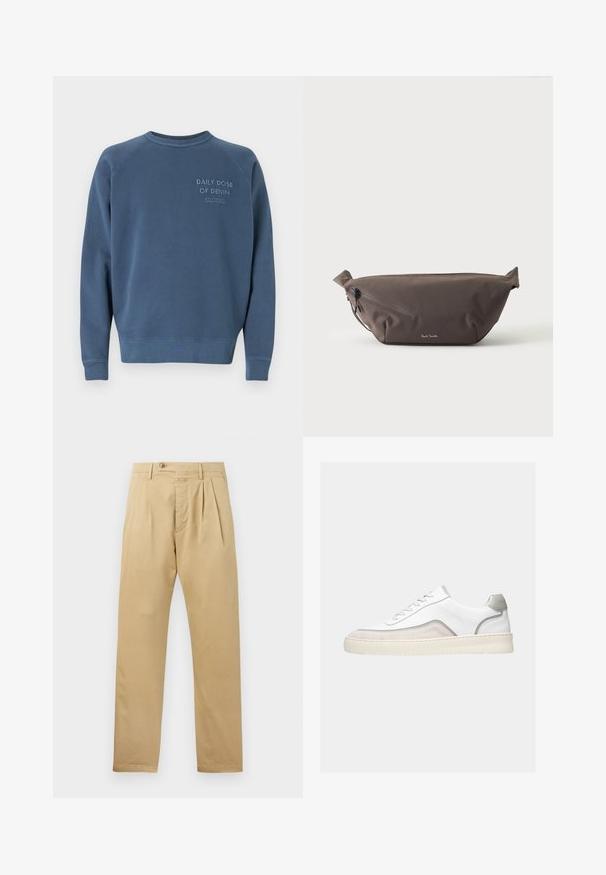 Blå crewneck sweatshirt lavet af en bomuldsblandingsstof. Har ribstrikkede manchetter og kant, med broderet tekst på brystet. Simpelt design.; CLOSED BERGEN TAPERED - Chino - beige; Hvid lavtop sneaker med beigefarvede ruskindsdetaljer, grå kant, hvide snørebånd og en tyk off-white gummisål vist fra siden på en lys baggrund.; Mørkebrun stof talje taske med diagonalt lynlåslomme og lille hvidt logo på fronten, sat mod en ensfarvet lys baggrund.