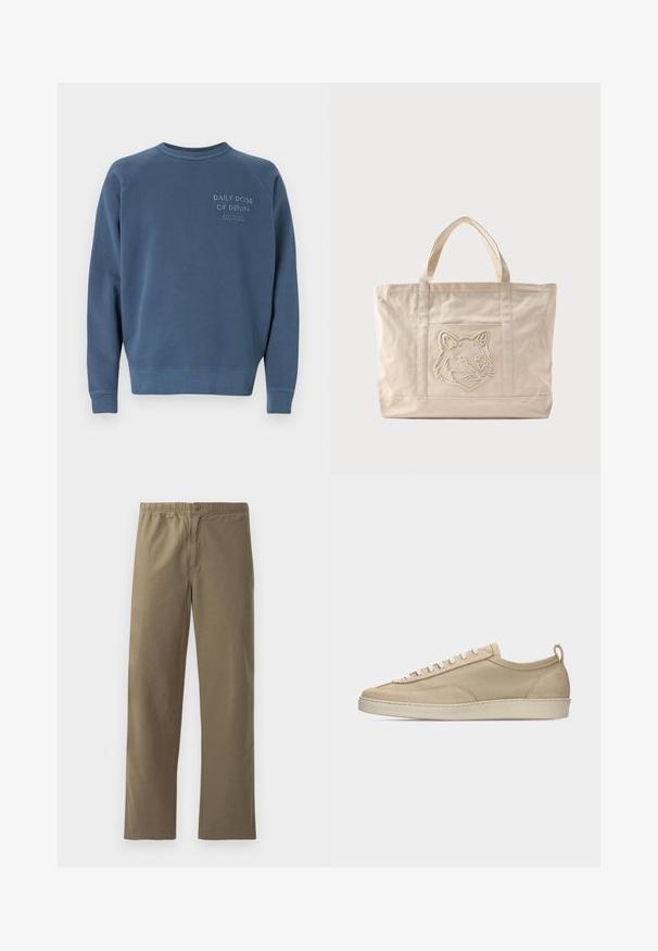 Blå crewneck sweatshirt lavet af en bomuldsblandingsstof. Har ribstrikkede manchetter og kant, med broderet tekst på brystet. Simpelt design.; Khaki bukser lavet af letvægtsmateriale. Har en elastisk talje, knaplukning, lige ben og en glat overflade.; Beige lavtop sneakers med overdel i stof og ruskind, hvide snørebånd, gummisål og hælstrækkehank, vist i sideprofil på hvid baggrund.; Beige lærredsnettaske med dobbelte håndtag og et præget ulvehoveddesign på forlommen.