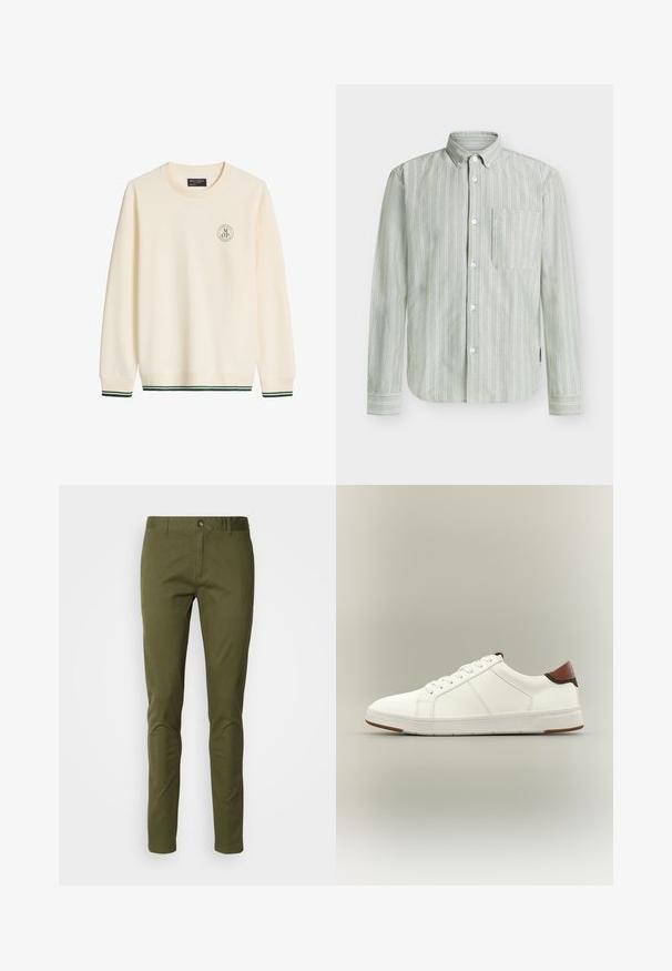 Sweat-shirt crème à col rond avec manches longues, petit logo rond sur la poitrine gauche et bandes vertes aux poignets et à l'ourlet.; Chemise boutonnée verte rayée en tissu léger, dotée d'une poche poitrine unique et de rayures blanches verticales avec des poignets à boutons.; Chino en vert olive en tissu mélangé coton, avec une coupe droite, une fermeture éclair et des poches avant. Texture lisse avec un minimum de détails.; Baskets basses blanches avec lacets blancs, panneaux latéraux texturés et languette de talon marron sur un fond neutre.