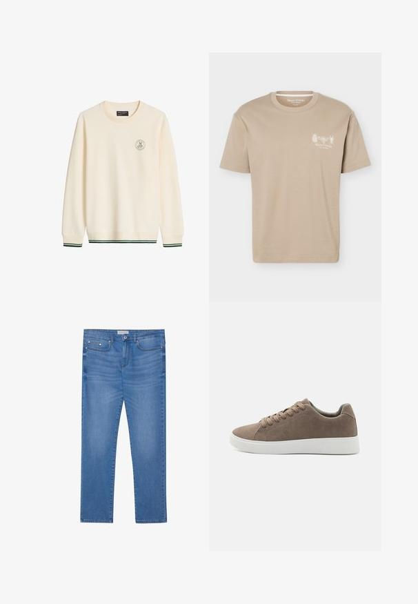 Sweat-shirt crème à col rond avec manches longues, petit logo rond sur la poitrine gauche et bandes vertes aux poignets et à l'ourlet.; T-shirt beige à manches courtes avec col rond, présentant de petits motifs d'insectes et le logo "Marc O'Polo" sur la poitrine gauche.; Jeans en denim bleu clair avec une coupe droite, design à cinq poches, décoloration subtile et accents en métal au niveau de la taille et des poches.; Baskets en daim marron avec des semelles en caoutchouc blanc plat, design lacé, bout rond et texture lisse. Style minimaliste avec des détails de couture subtils.