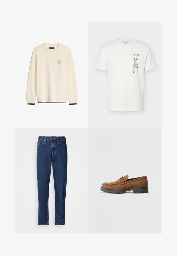 Sweat-shirt crème à col rond avec manches longues, petit logo rond sur la poitrine gauche et bandes vertes aux poignets et à l'ourlet.; T-shirt blanc à manches courtes avec col rond et graphique abstrait rectangulaire noir sur la partie gauche de la poitrine.; Jean bleu foncé en denim, avec une coupe droite, style cinq poches et des coutures apparentes le long des coutures.; Mocassins en daim marron avec un bout arrondi et une semelle noire en caoutchouc basse, présentant une sangle décorative et des détails de couture sur le dessus.