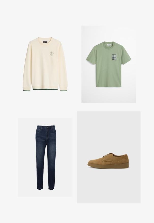 Sweat-shirt crème à col rond avec manches longues, petit logo rond sur la poitrine gauche et bandes vertes aux poignets et à l'ourlet.; T-shirt vert clair à manches courtes avec un petit motif noir et blanc représentant une fenêtre et le texte « MOPD SPORTS CLUB » sur le côté gauche de la poitrine.; Jeans en denim bleu foncé avec une coupe droite, comprenant des poches avant et des détails de couture horizontale subtils. Design classique à cinq poches.; Chaussure décontractée à lacets en daim marron avec semelle en caoutchouc plate, vue de côté sur un fond clair uni.