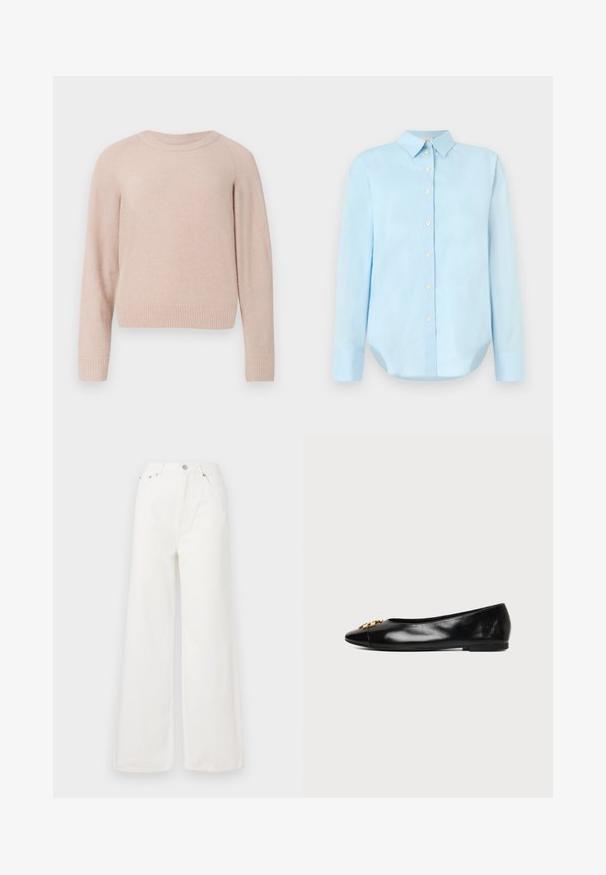 Suéter rosa claro hecho de material suave, con cuello redondo, mangas largas y puños y dobladillo acanalados. Diseño simple y sin adornos.; Camisa de botón azul claro con mangas largas, cuello, dobladillo redondeado y cinco botones frontales; hecha de una tela suave y liviana.; Jeans de mezclilla de cintura alta y pierna ancha en color blanco. Cuenta con bolsillos delanteros, un cierre de botón y detalles de dobladillo deshilachado.; Zapato plano de cuero negro con punta afilada y emblema decorativo dorado sobre un fondo blanco liso.