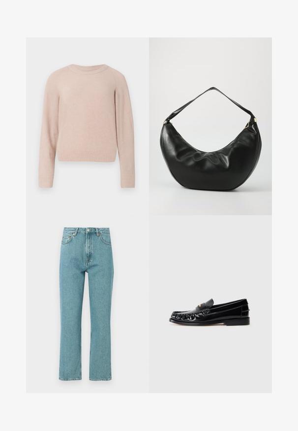 Lichtroze trui gemaakt van zacht materiaal, met een ronde halslijn, lange mouwen en geribbelde manchetten en zoom. Eenvoudig, ongecompliceerd ontwerp.; Lichtblauwe, high-waisted jeans met een rechte pijpdesign. Gemaakt van denim, met voorzakken en een knoopsluiting.; Zwarte leren instappers met een ronde neus, decoratieve stiksels en een kleine gouden accent op de wreef. Platte rubberen zool, strak design.; Zwarte leren schoudertas met een gebogen vorm, zachte textuur en een enkele schouderband; beschikt over een gouden rits en subtiele branding.
