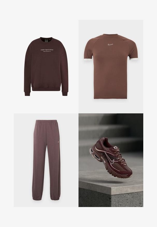 Brun sweatshirt med rund halsudskæring, lange ærmer og ribstrikkede manchetter. Teksten på frontlogoet læser "Aim'n Sportswear Sweden New Zealand 2013."; Brun kortærmet skjorte lavet af glat stof med høj halsudskæring og hvide detaljer ved ærmekanterne, med en lille logo på brystet.; Brune sweatpants med elastisk talje, sidelommer, elastiske manchetter og et lille hvidt Nike-logo på den øverste venstre lår.; Bordeauxrød Nike løbesko med meshstof, polstret krave, tyk sål og hvide detaljer. Designet har en rundet tå og markante snørebånd.