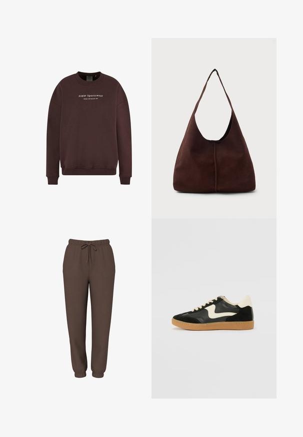 Brun sweatshirt med rund halsudskæring, lange ærmer og ribstrikkede manchetter. Teksten på frontlogoet læser "Aim'n Sportswear Sweden New Zealand 2013."; Brune jogger-sweatbukser med elastisk linning, snøre og elastiske manchetter, vist forfra på hvid baggrund.; Sorte ruskinds- og lædersneakers med en cremefarvet side-swoosh og lys cremefarvet hæl. Har beige snørebånd og en gummirubber-sål.; Brun suedette hobo taske med en stor, buet åbning og en bred skulderrem. Har en centreret søm på forsiden. Glat tekstur.