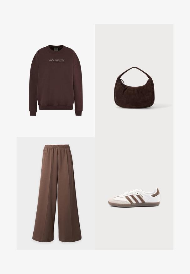 Brauner Sweatshirt mit Rundhalsausschnitt, langen Ärmeln und gerippten Bündchen. Der Schriftzug auf der Vorderseite lautet "Aim'n Sportswear Sweden New Zealand 2013."; Weit geschnittene braune Sweatpants mit weitem Bein, elastischem Bund und seitlichen Taschen auf einem schlichten hellen Hintergrund.; Weißer Adidas Samba Sneaker mit braunen Wildlederstreifen, brauner Gummisohle und beiger Wildlederkappe, von der Außenseite auf schlichtem Hintergrund gezeigt.; Dunkelbraune Wildlederhandtasche mit kurzem Riemen und abgerundeter rechteckiger Form auf einem einfarbigen hellen Hintergrund.
