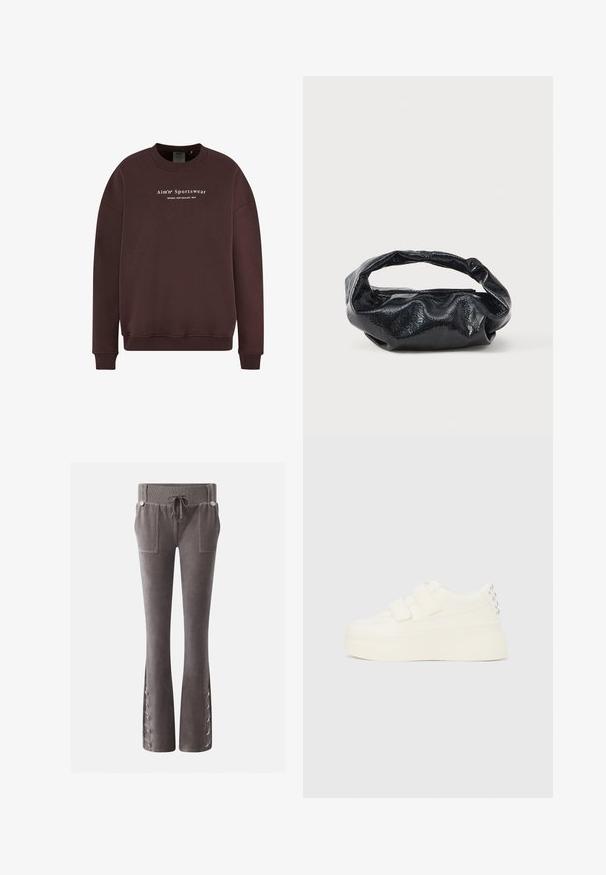 Brun sweatshirt med rund halsudskæring, lange ærmer og ribstrikkede manchetter. Teksten på frontlogoet læser "Aim'n Sportswear Sweden New Zealand 2013."; Grå velourbukser med ribbet snøre i taljen, forlommer og knapdetaljer med snørebånd på udvidede kanter.; Hvid platformsneaker med dobbelte velcrobånd og sølvnitter på hælen, vist fra siden på en ensfarvet baggrund.; Sort taske lavet af blankt, tekstureret materiale med et cirkulært, snoet håndtag og lynlås. Har et blødt, rynket design.