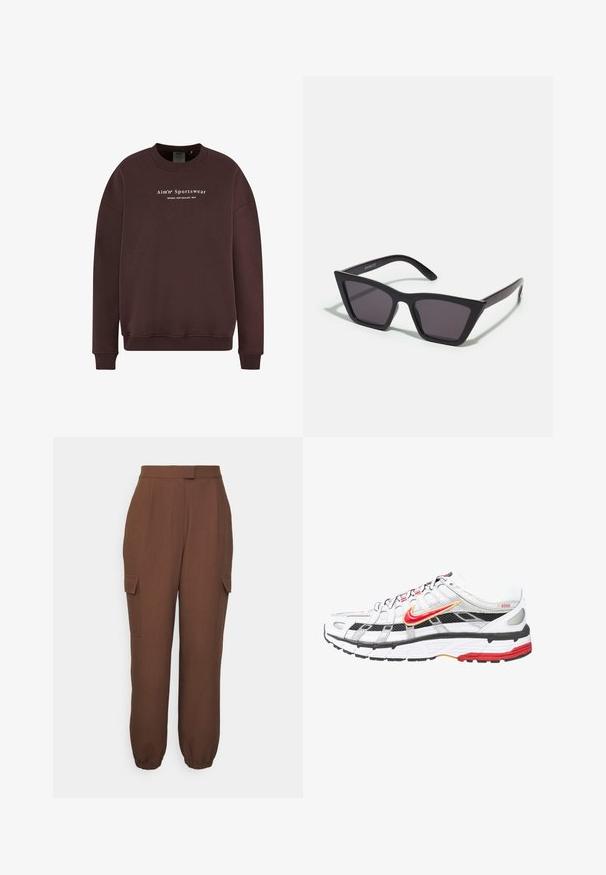 Pruun kapuutsiga sweatshirt, millel on ümmargune kaelus, pikad varrukad ja soonikud. Eespool logo tekst "Aim'n Sportswear Sweden New Zealand 2013."; Envii COCONUT PANTS - Kargopüksid - chestnut; Valged ja mustad sportlikud jalanõud punaste ja kuldsete akcentidega. Omavad võrgusilma ülemist osa, pehmendatud tallat ja kindlat paelaga kinnitust.; Mustad mustrakellad, millel on hallid šabloonid; valmistatud plastist, paksude ja siledate kätega, ilma nähtava riistvarata.