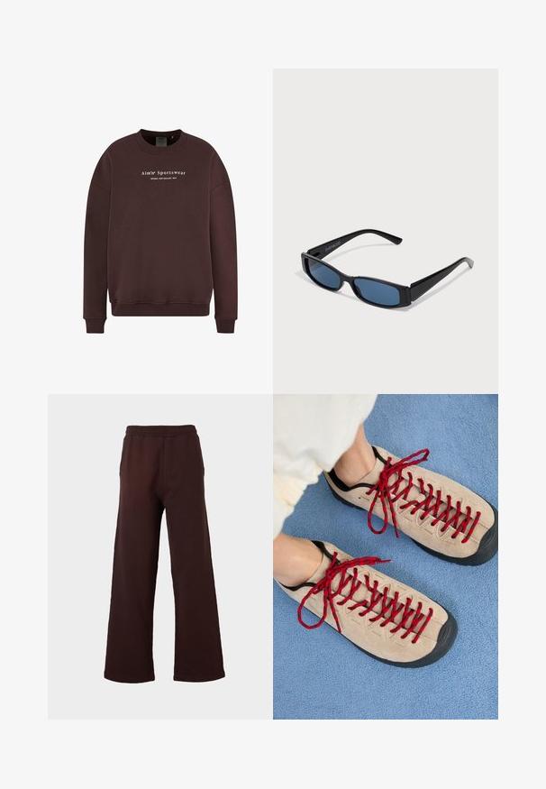 Sweatshirt marron avec col rond, manches longues et poignets côtelés. Le texte du logo à l'avant indique "Aim'n Sportswear Sweden New Zealand 2013."; Pantalon à jambes larges de couleur marron foncé avec taille élastique, poches latérales et ourlet droit sur un fond clair uni.; Des chaussures beiges avec des lacets rouges, posées sur une surface bleue texturée, révèlent partiellement la cheville d'une personne. Les chaussures ont un design sportif.; Lunettes de soleil noires avec une monture rectangulaire élégante et des verres bleus. Présente une texture lisse et des branches robustes. Logo de la marque sur le côté.