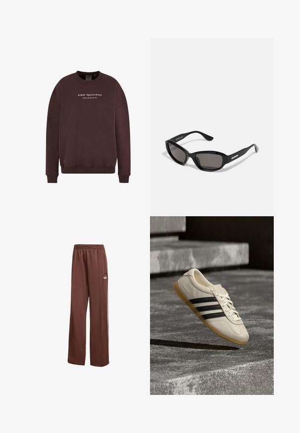 Sweatshirt marron avec col rond, manches longues et poignets côtelés. Le texte du logo à l'avant indique "Aim'n Sportswear Sweden New Zealand 2013."; Pantalon de jogging marron à jambes larges avec taille élastique, poches latérales zippées, bandes blanches sur les côtés et petit logo blanc sur la partie supérieure de la jambe gauche.; Baskets blanches avec des bandes noires et une semelle en gomme flottant au-dessus d’escaliers en béton dans une lumière douce du jour.; Lunettes de soleil noires avec une monture rectangulaire, des verres sombres, un matériau plastique lisse et un accent métallique sur la branche.
