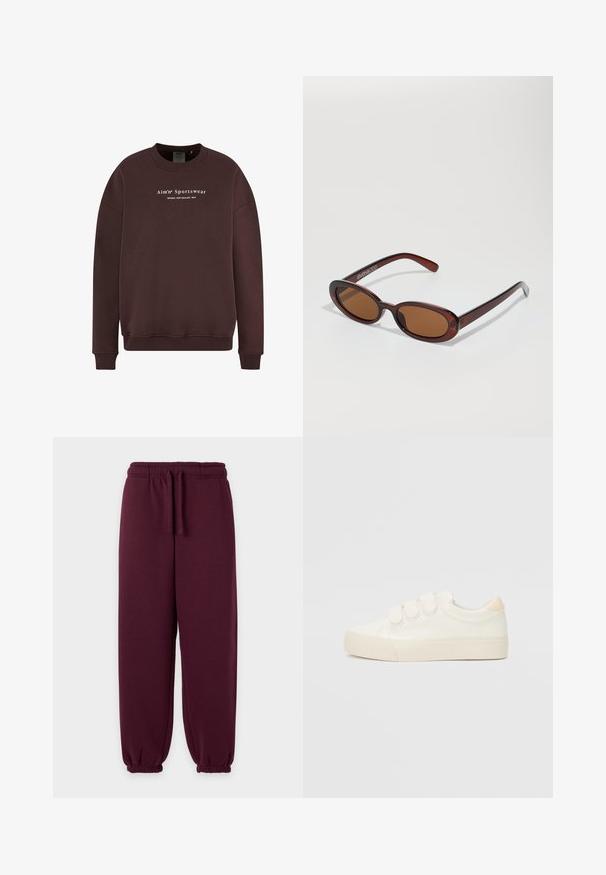 Brauner Sweatshirt mit Rundhalsausschnitt, langen Ärmeln und gerippten Bündchen. Der Schriftzug auf der Vorderseite lautet "Aim'n Sportswear Sweden New Zealand 2013."; Bordeauxfarbene Sweatpants mit elastischem Bund, Kordelzug und elastischen Bündchen an den Knöcheln auf einfachem hellem Hintergrund.; Weiße Sneaker mit einer glatten, lederähnlichen Oberseite, drei Klettverschlüssen, runder Zehenpartie und einer strukturierten Gummisohle. Rückseitiger Akzent in Beige.; Runde, braun getönte Sonnenbrillen mit einem glänzenden burgunderfarbenen Rahmen. Schlanke Bügel mit dezentem Branding. Flaches Linsendesign.