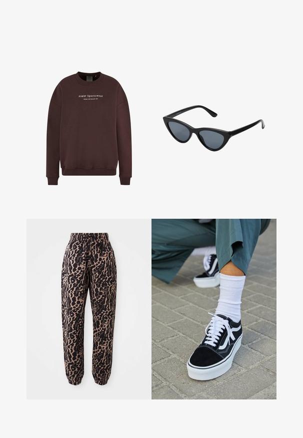Brauner Sweatshirt mit Rundhalsausschnitt, langen Ärmeln und gerippten Bündchen. Der Schriftzug auf der Vorderseite lautet "Aim'n Sportswear Sweden New Zealand 2013."; Leopardenmuster-Jogginghose in Braun und Schwarz mit lockerer Passform, elastischem Bund und gerafften Bündchen für Komfort und Stil.; Schwarze Wildledersneaker mit weißen Akzenten und Schnürsenkeln, ausgestattet mit einer dicken weißen Sohle und kontrastierenden Nähten, kombiniert mit einer weißen Socke.; Schwarze Cat-Eye-Sonnenbrille mit dunkelgrauen Gläsern, schlankem Kunststoffrahmen, spitzen Ecken und geraden Bügeln. Keine sichtbaren Befestigungen oder Akzente.