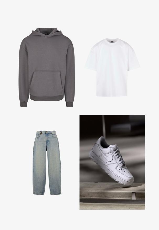 Grauer Kapuzenpullover aus weichem Stoff, mit Kängurutasche, gerippten Bündchen und lockerem Schnitt. Glatte Textur, schlichtes Design.; Weißes T-Shirt mit kurzen Ärmeln und Rundhalsausschnitt, aus Baumwollmaterial, mit lockerem Schnitt und minimalen Nahtdetails.; Hellblaue Jeans aus Denim mit lässiger Passform, featuring eine hohe Taille, weite Beine, klassischen Fünf-Taschen-Design und Akzente aus Metall.; Weißer Nike Air Force 1 Sneaker aus Leder mit perforierter Zehenpartie, flachen Schnürsenkeln und strukturierter Gummisohle mit "AIR"-Branding an der Seite.
