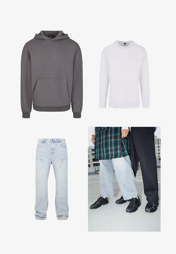 Grauer Kapuzenpullover aus weichem Stoff, mit Kängurutasche, gerippten Bündchen und lockerem Schnitt. Glatte Textur, schlichtes Design.; Langärmliges T-Shirt mit Rundhalsausschnitt aus weißem Baumwollstoff. Glatte Textur mit einem schlichten Design und ohne sichtbare Muster oder Akzente.; Hellblaue Cargo-Jeans aus Denim mit lockerer Passform, ausgestattet mit großen Fronttaschen und geringfügigen Abnutzungserscheinungen. Deutlich definierte Nähte und Säume.; Schwarze Sportschuhe mit Mesh- und Gummielementen. Kombiniert mit hellgrauen weiten Jeans und einem karierten grünen Oberteil. Flacher Hintergrund.