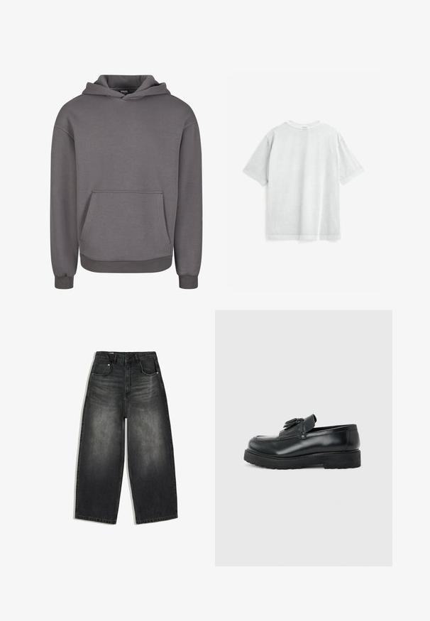 Grauer Kapuzenpullover aus weichem Stoff, mit Kängurutasche, gerippten Bündchen und lockerem Schnitt. Glatte Textur, schlichtes Design.; Hellgraues Baumwoll-T-Shirt mit kurzen Ärmeln, Rundhalsausschnitt und lockerem Schnitt. Verfügt über eine glatte Textur und saubere Nähte entlang der Kanten.; Schwarz gewaschene Jeans mit weitem Bein, vorne und hinten Taschen, Gürtelschlaufen und einem Knopfverschluss in der Taille.; Schwarzer Leder-Slipper mit Quasten, dicke Gummisohle und niedrigem Absatz, im Seitenprofil vor einem einfarbigen Hintergrund gezeigt.